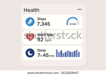 Health tracker UI with step count, heart rate, and sleep cycle on light background.