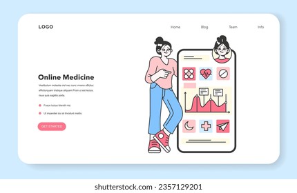 Health tracker web banner or landing page. Character using smart electronic watch to monitor body activity. Heartbeat, temperature and sleep control. Flat vector illustration