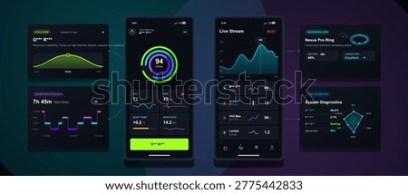 Health tracking app displays data on a smart device. The screen shows sleep duration, heart rate, live stream statistics, and system diagnostics in graphs and charts.
