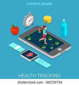 Health tracking flat 3d isometry isometric healthy lifestyle technology wearable electronics concept web vector illustration. Sportswoman run on touch screen phone. Objects and fitness watch.