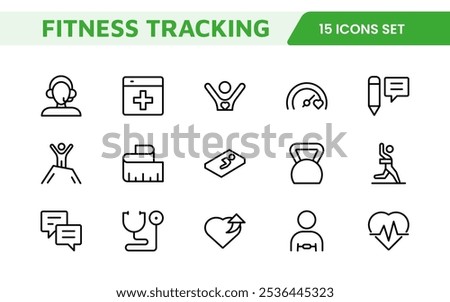 Health Tracking Icon Set. Clean and modern icons for fitness, wellness, and medical apps, perfect for tracking workouts, nutrition, vitals, and overall well-being in a user-friendly way.