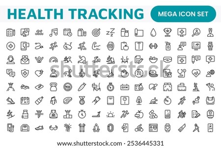 Health Tracking Icon Set. Clean and modern icons for fitness, wellness, and medical apps, perfect for tracking workouts, nutrition, vitals, and overall well-being in a user-friendly way.