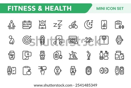Health Tracking Icon Set. Clean and modern icons for fitness, wellness, and medical apps, perfect for tracking workouts, nutrition, vitals, and overall well-being in a user-friendly way.