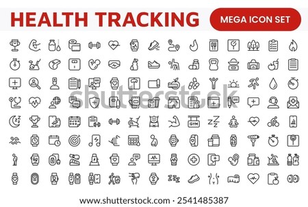 Health Tracking Icon Set. Clean and modern icons for fitness, wellness, and medical apps, perfect for tracking workouts, nutrition, vitals, and overall well-being in a user-friendly way.