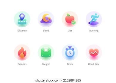 Health tracking or sport fitness icon set. 3d minimal glass morphism design for website or mobile app.
