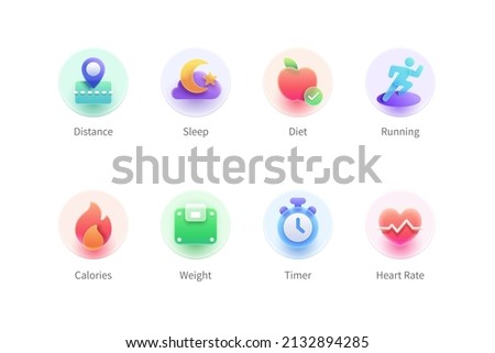 Health tracking or sport fitness icon set. 3d minimal glass morphism design for website or mobile app.