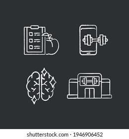 Health and training chalk icons set. Sport lifestyle. Thin line customizable illustration. Contour symbol. Vector isolated outline drawing.