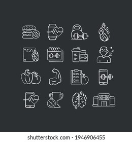 Health and training chalk icons set. Sport lifestyle. Thin line customizable illustration. Contour symbol. Vector isolated outline drawing.