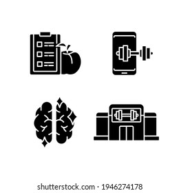 Health and training glyph icons set. Sport lifestyle. Thin line customizable illustration. Contour symbol. Vector isolated outline drawing.