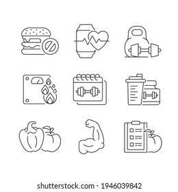 Health and training linear icons set. Sport lifestyle. Thin line customizable illustration. Contour symbol. Vector isolated outline drawing. Editable stroke