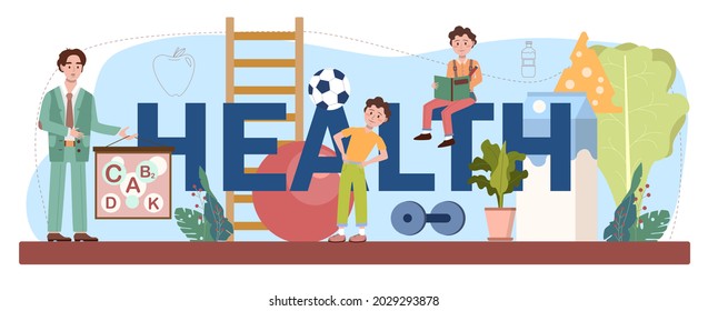 Health typographic header. Healthy lifestyle class and health care education. Diet, physical activity, hygiene and first aid. Isolated vector illustration