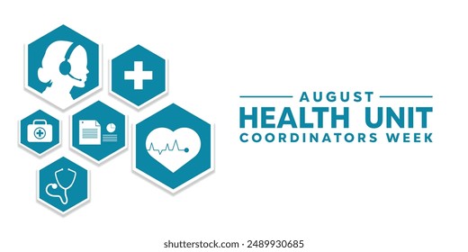 Health Unit Coordinator Week. Human, data, stethoscope, medicine, plus and heart. Suitable for cards, banners, posters, social media and more. White background.