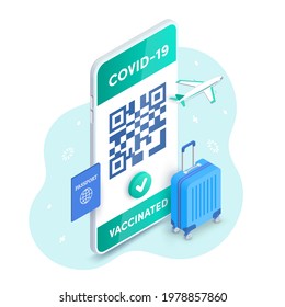 Health Vaccination passport QR code on smartphone screen vector isometric concept. 3D Electronic Covid-19 Vaccinated immune certificate for safe tourism on mobile phone. Coronavirus pass application.