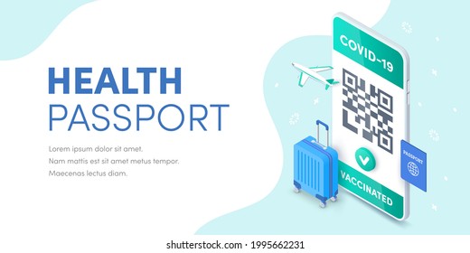 Health Vaccination passport QR code on smartphone screen vector isometric banner. 3D Electronic Covid-19 Vaccinated immune certificate for safe tourism on mobile phone concept. Coronavirus pass app.