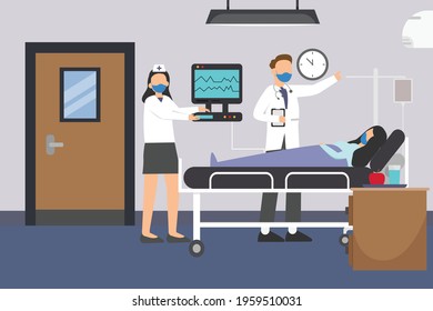 Health Vector Concept. Doctor And Nurse Visiting Patient While Wearing Face Mask In The Treatment Room