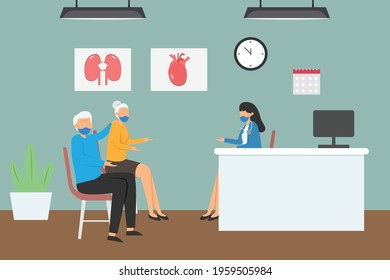 Health vector concept. Senior couple talking with doctor while wearing face mask in doctor office