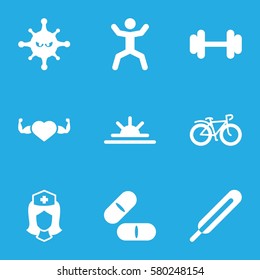Health vector icons. Set of 9 Health filled icons such as themometer, pill, barbell, heart with muscles, squat, bacteria, sun rise, bicycle