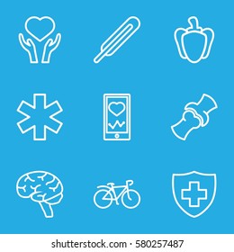 Health vector icons. Set of 9 Health outline icons such as themometer, brain, bone, heart on hand, medical sign, bicycle, heartbeat on phone