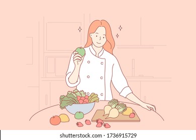 Health, vegan, food, cooking concept. Woman girl cooker vegetarian cartoon character standing with healthy food fruits and vegetables at home restaurant. Healthy lifestyle and proper nutrition or diet