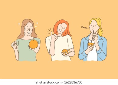 Health, vegan, fruit juice set concept. Young woman wants to be healthy. Girl likes eco food so much. Woman likes drinking fruit juice. Vegans and vegetarians prefer eating fruits. Simple flat vector