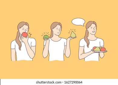 Health, vegan, fruit set concept. Young merry, cheerful woman wants to be healthy. Happy contented girl likes eco food very much. Each vegan and vegetarian prefers eating fruits. Simple flat vector