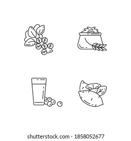 Health vegetables types pixel perfect linear icons set. Eco brussels sprouts. Organic soy milk. Customizable thin line contour symbols. Isolated vector outline illustrations. Editable stroke