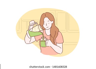 Health, vegetarianism, vegan green smoothie or cocktail concept. Happy healthy young woman got a vegetarian meal, Breakfast. Teenager Student girl with smile ready to eat healthy. Simple flat vector.