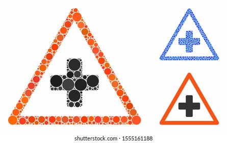 Health warning composition of round dots in variable sizes and color tones, based on health warning icon. Vector round dots are composed into blue composition.