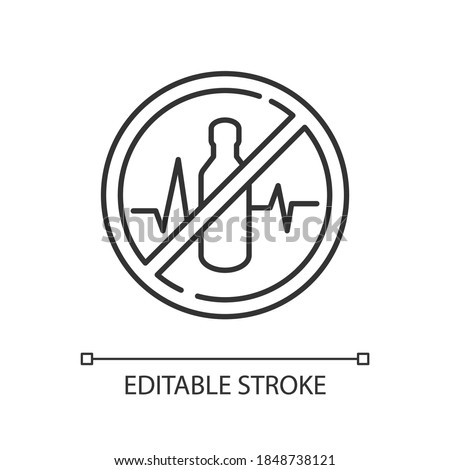 Health warning linear icon. Label with cross over bottle. Stop addiction. Drink negative effect. Thin line customizable illustration. Contour symbol. Vector isolated outline drawing. Editable stroke