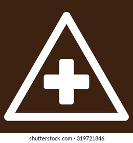Health Warning vector icon. Style is flat symbol, white color, rounded angles, brown background.