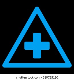 Health Warning vector icon. Style is flat symbol, blue color, rounded angles, black background.