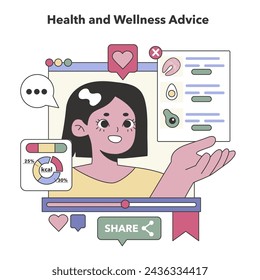 Health and Wellness Advice theme. Expert guidance for a balanced lifestyle on digital platforms. Nutritional tips, fitness routines, mental health support. Flat vector illustration