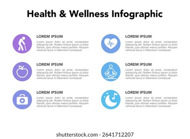 Health and Wellness Aging Infographic Template for Age People Population Senior Living and Active Lifestyle, Elderly Needs and Healthcare – Aging Society Concept.