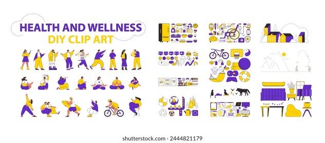 Conjunto de Clipart de bricolaje de salud y bienestar. Representación del estilo de vida activo y las prácticas de autocuidado. Personas para hacer ejercicio, meditar y participar en aficiones. Rutina de bienestar en el hogar y símbolos de fitness.