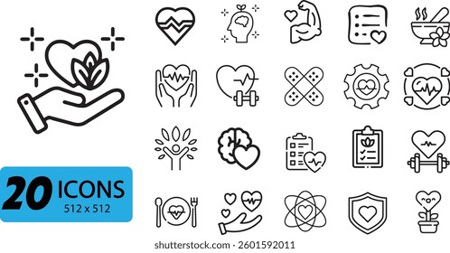 Health and Wellness Icon Set: 20 Outline Vector Illustrations