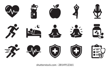 Health and wellness icon set featuring heartbeat, water bottle, apple, yoga tree pose, running person, sleeping bed, meditation, supplement bottle, immunity shield, and medical clipboard graphics.