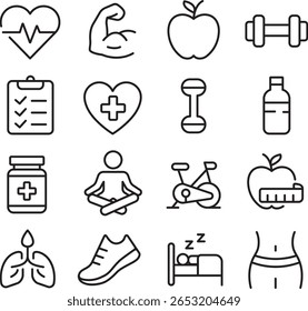 Health and Wellness Icon Set – Minimalist Line Style (16 Icons)