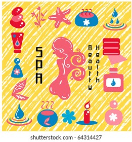 Health and wellness icons - eco color. Vector Illustrations of wellness / health / homeopathy related design elements. Woman silhouette, bamboo, water lily, candle, aromatherapy