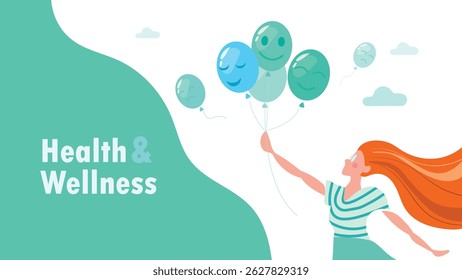 Health and wellness illustration of a girl holding balloons with positive smiling faces and letting go of negative emotion.