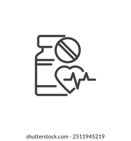 Health and Wellness line icon. linear style sign for mobile concept and web design. Pill bottle and a heart beat outline vector icon. Cardiology symbol, logo illustration. Vector graphics