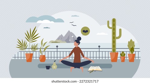 Health and wellness with mental balance and harmony tiny person concept. Meditation and mind therapy for vitality and healthy body vector illustration. Spiritual energy with self emotions control.