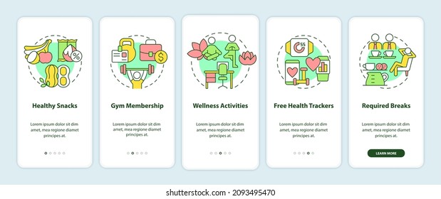 Health and wellness perks onboarding mobile app page screen. Healthy snacks walkthrough 5 steps graphic instructions with linear concepts. UI, UX, GUI template. Myriad Pro-Bold, Regular fonts used