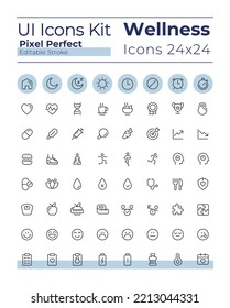 Health and wellness pixel perfect linear ui icons set. Lifestyle. Physical and mental wellbeing. Outline isolated user interface elements. Editable stroke. Montserrat Bold, Light fonts used