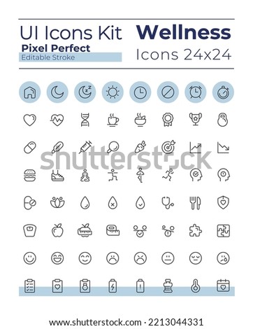 Health and wellness pixel perfect linear ui icons set. Lifestyle. Physical and mental wellbeing. Outline isolated user interface elements. Editable stroke. Montserrat Bold, Light fonts used