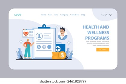 Gesundheits- und Wellness-Programme Web oder Zielseite. Eine detaillierte Darstellung der Initiativen zur Gesundheit der Mitarbeiter, der Finanzplanung für medizinische Leistungen und des Wellness-Monitoring. flache Vektorillustration