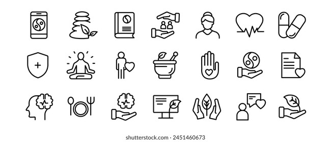 Health and wellness related vector icons collection on white background.