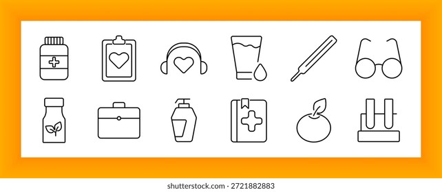 Health and wellness set icon. Includes medical bottle, heart chart, headset, thermometer, lotion, fruit, glasses, leaf bottle, book, briefcase, and desktop hygiene container.