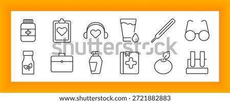 Health and wellness set icon. Includes medical bottle, heart chart, headset, thermometer, lotion, fruit, glasses, leaf bottle, book, briefcase, and desktop hygiene container.