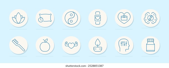 Icono de conjunto de salud y bienestar. Meditación, sueño, equilibrio, reloj inteligente, corazón, yin-yang, cepillo de dientes, manzana, fitness, vela, suplementos, cuidado del cuerpo, atención plena, ejercicio, nutrición, cuidado personal, bienestar