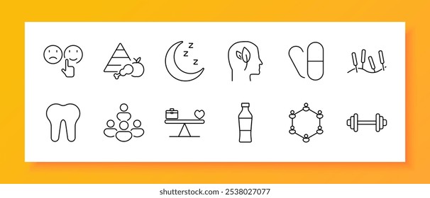 Health and wellness set icon. Mood faces, food pyramid, sleep, eco head, capsule, acupuncture, dental health, family group, work-life balance, water bottle, community, dumbbell